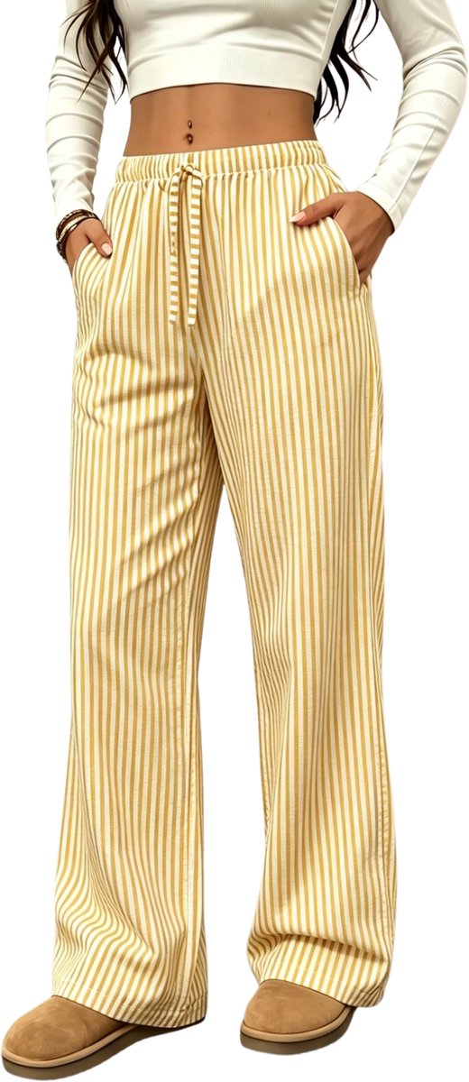 Currero Gestreepte Broek Dames and Striped Pants Yacht Club Linnen Broek Zomerbroek Volwassenen Lange Broek Strandbroek Geel