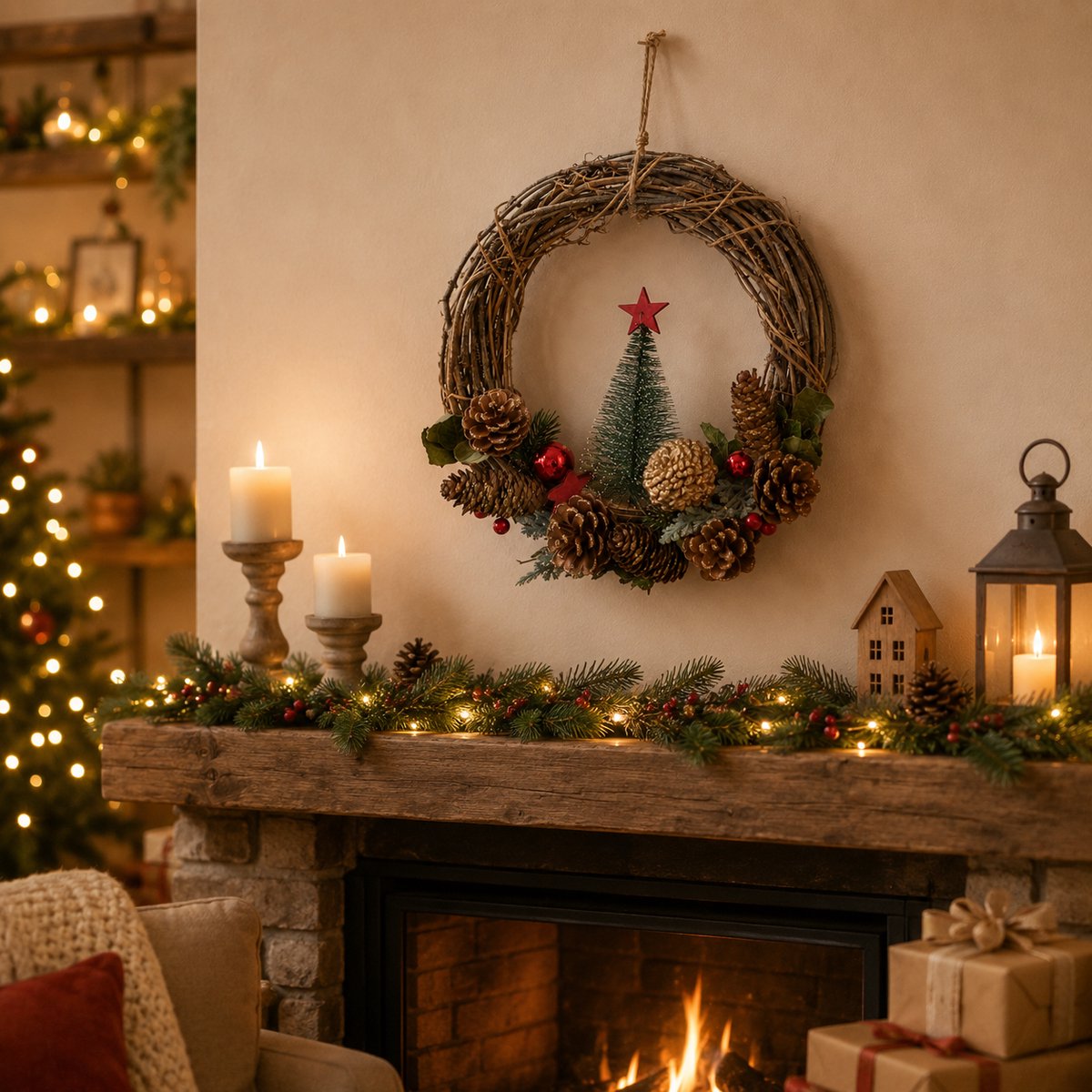 Rotan Kerstkrans Ø 30 x 8 cm – Ronde Deurkrans met Kerstboom, Dennenappels en Sneeuw – Kerstdecoratie voor Binnen en Buiten – Rood, Groen en Naturel – foto 3
