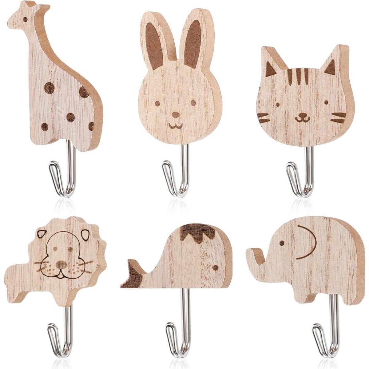 SSTRWGOOD 6 Stuks Meerdoelhaak - Zelfklevende Houten Dierenwandhaken - Leuke Dieren Vormen Elefant Wal Katze Leeuw Konijn Giraffe - Geschikt voor Slaapkamer Badkamer Keuken - Hout - 6-delige Set