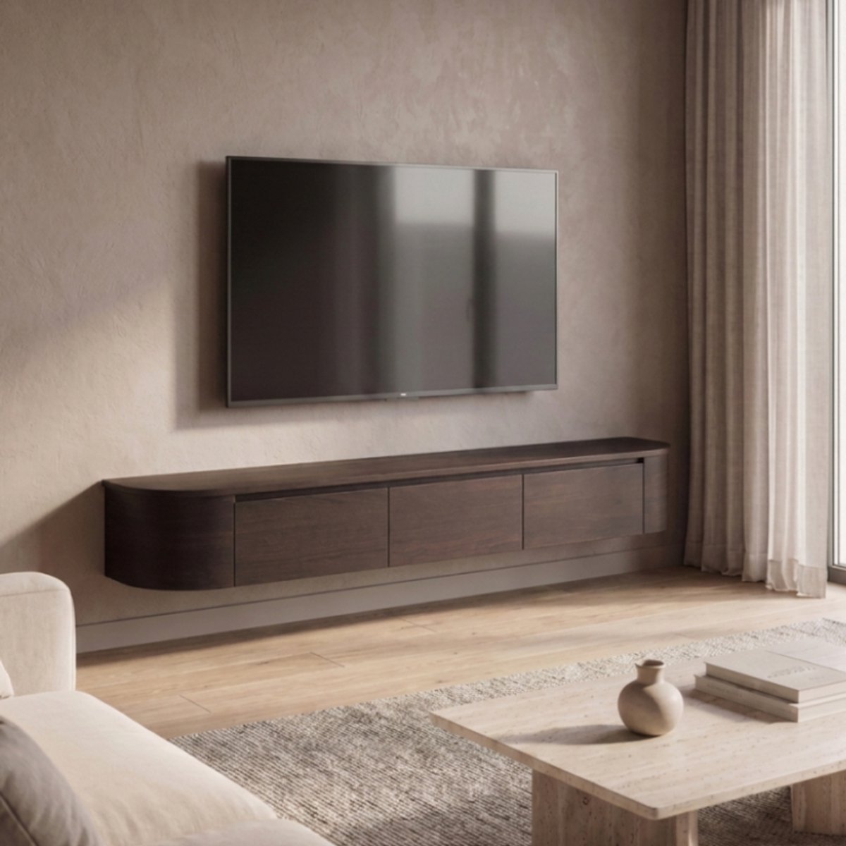 Japandi Tv Meubel Curved - Walnoot - 280x33x33 cm - Gebogen zijkant - Volledig Gemonteerd - Zwevend TV Meubel 280cm – Wandgemonteerd TV Kast met Deuren en Lade – Floating TV Cabinet – Curved Design – Modern Scandinavisch TV Meubel