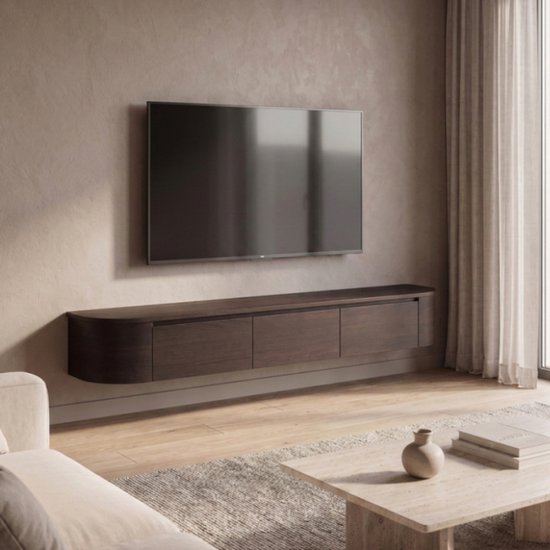 Japandi Tv Meubel Curved - Walnoot - 280x33x33 cm - Gebogen zijkant - Volledig Gemonteerd - Zwevend TV Meubel 280cm – Wandgemonteerd TV Kast met Deuren en Lade – Floating TV Cabinet – Curved Design – Modern Scandinavisch TV Meubel Japandi Tv Meubel Curved - Walnoot - 280x33x33 cm - Gebogen zijkant - Volledig Gemonteerd - Zwevend TV Meubel 280cm – Wandgemonteerd TV Kast met Deuren en Lade – Floating TV Cabinet – Curved Design – Modern Scandinavisch TV Meubel