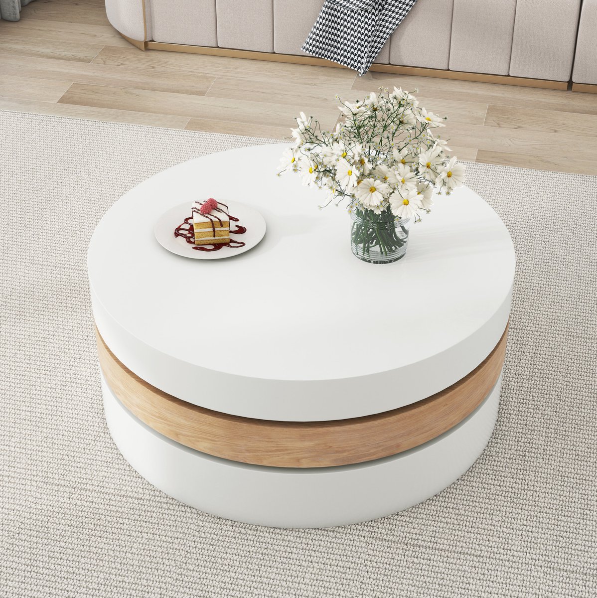 COVREO Salontafel 60x60x35,1 cm wit-naturel, MDF met draaibaar opbergvak Wit + natuurlijke houtkleur