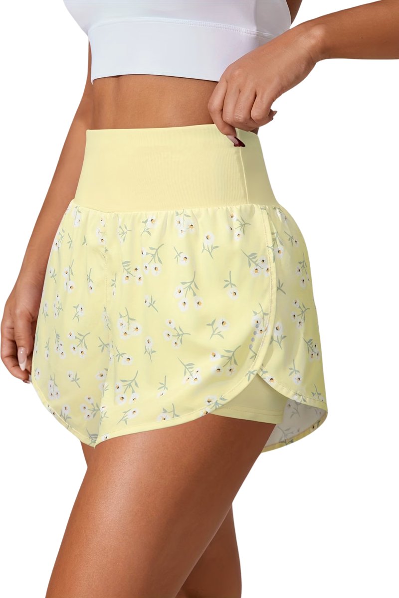 Currero Biker Short Dames Gymshort Korte Legging Lange Onderbroek Bikershort Met Pijpjes Gele Bloemen Multicolor