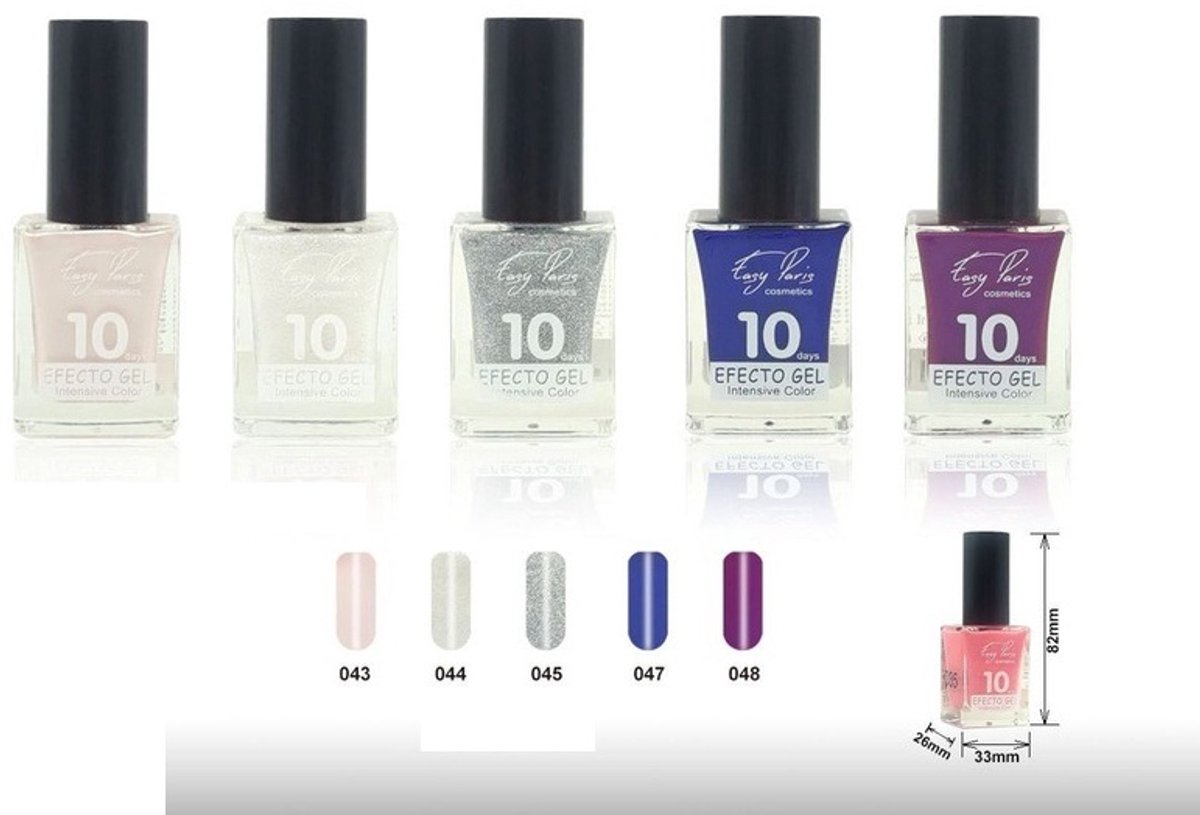 Easy Paris Cosmetics - Set met 5 Flesjes Nagellak - Wit Parelmoer - Wit Glitter - Zilver Glitter - Donkerblauw - Paars - Inhoud per flesje 15 ml.