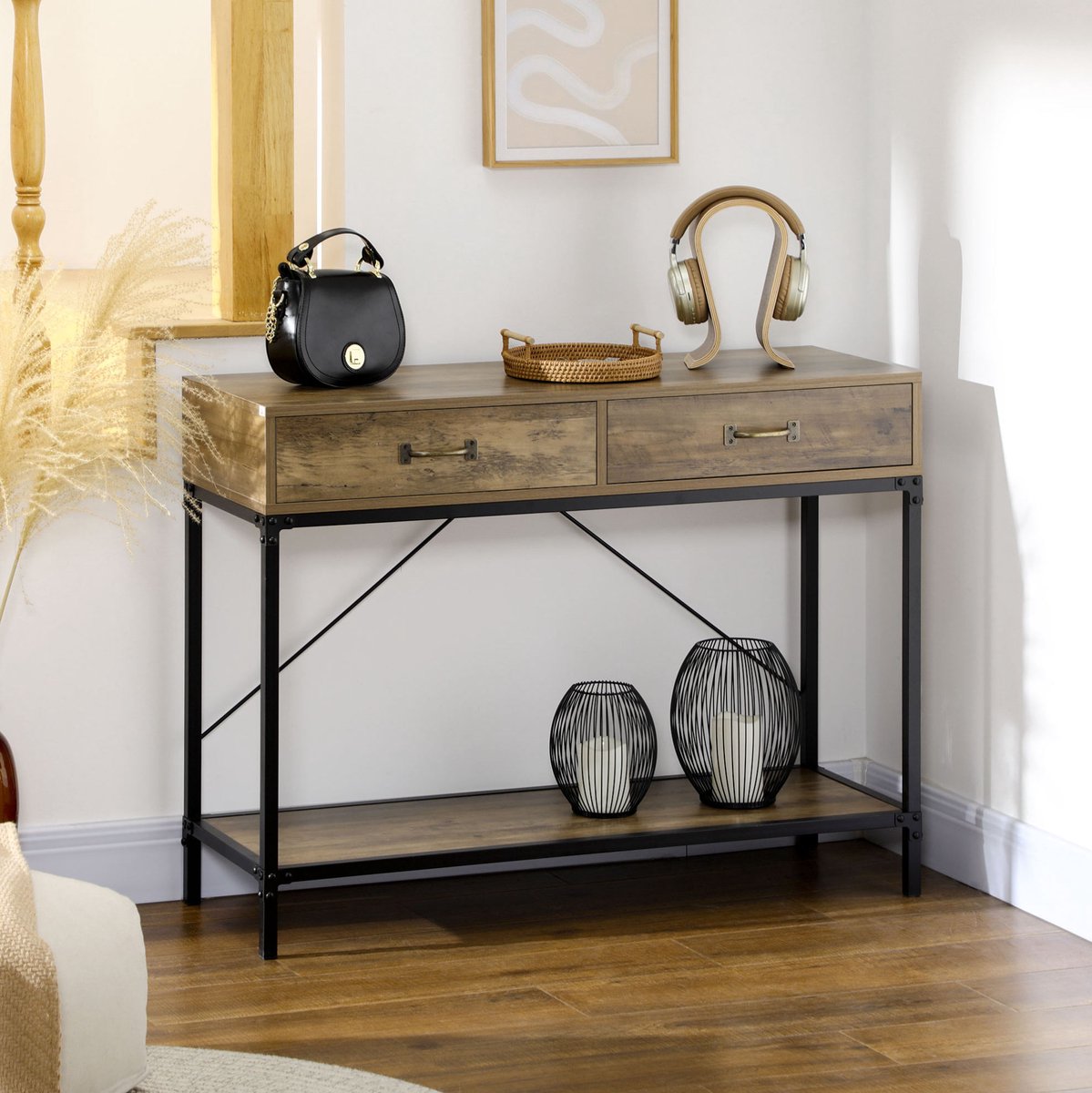 COVREO Sidetable 100x35x76,5 cm bruin zwart, metalen frame 2 lades