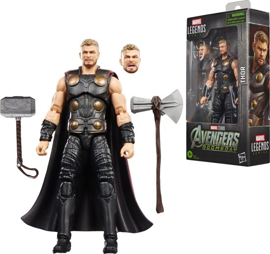 Marvel Legends actiefiguur van Thor met Mjolnir en Stormbreaker, met verwisselbare hoofdjes. Draagt zwart harnas en een cape.