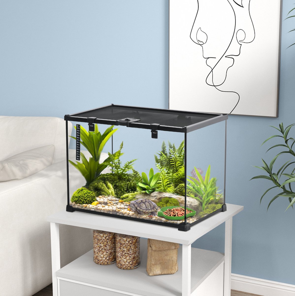 COVREO Terrarium 50 x 30 x 35 cm, zwart glas met metalen frame en voeropening
