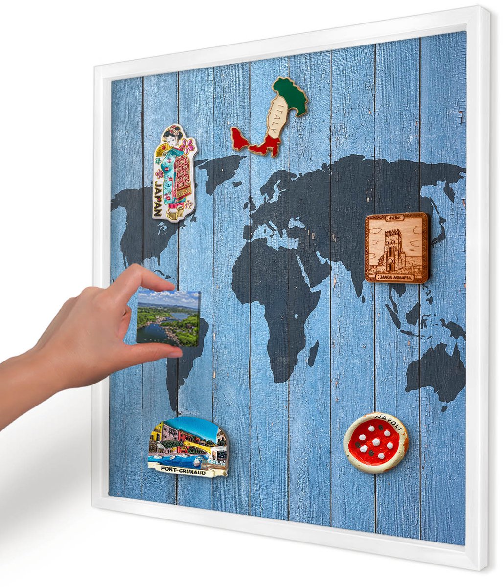 Artprintcave Blauw Magneetbord mit Witte Lijst - 50x50 cm - Wereldkaart Magnetische Organizer - Rustiek Magneetbord Voor Foto's - Kaarten
