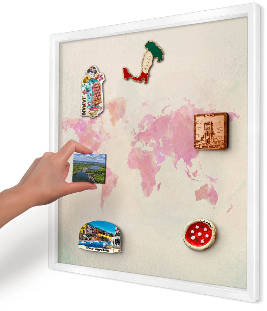 Artprintcave Roze Magneetbord mit Witte Lijst - 50x50 cm - Wereldkaart Wandbord Magnetisch - Waterverf Notitiebord - Kaarten