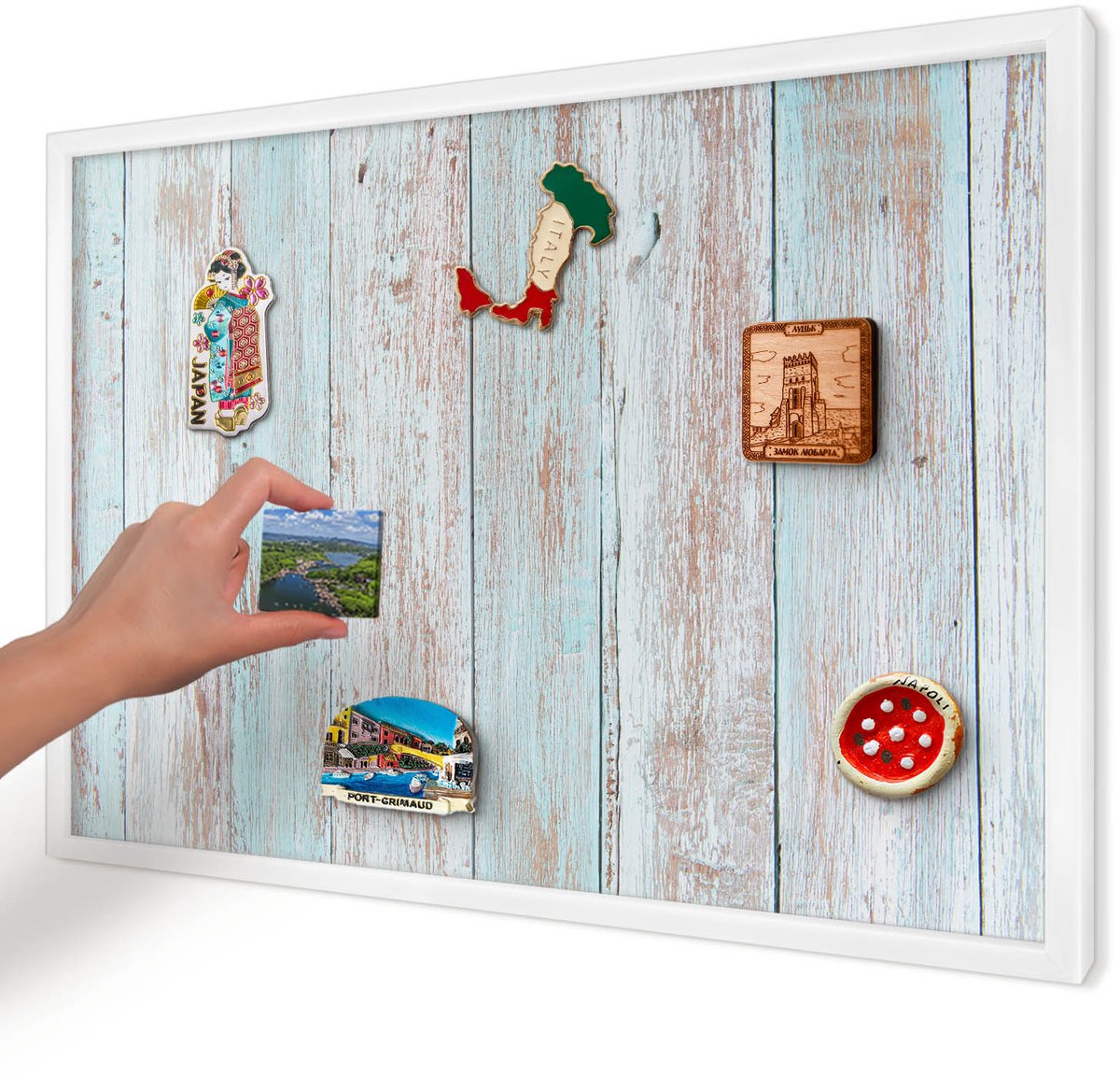 Artprintcave Blauw Magneetbord mit Witte Lijst - 60x40 cm - Rustieke Planken Magneet Bord mit Frame - Rustiek Magnetisch Bord Voor Magneten - Texturen