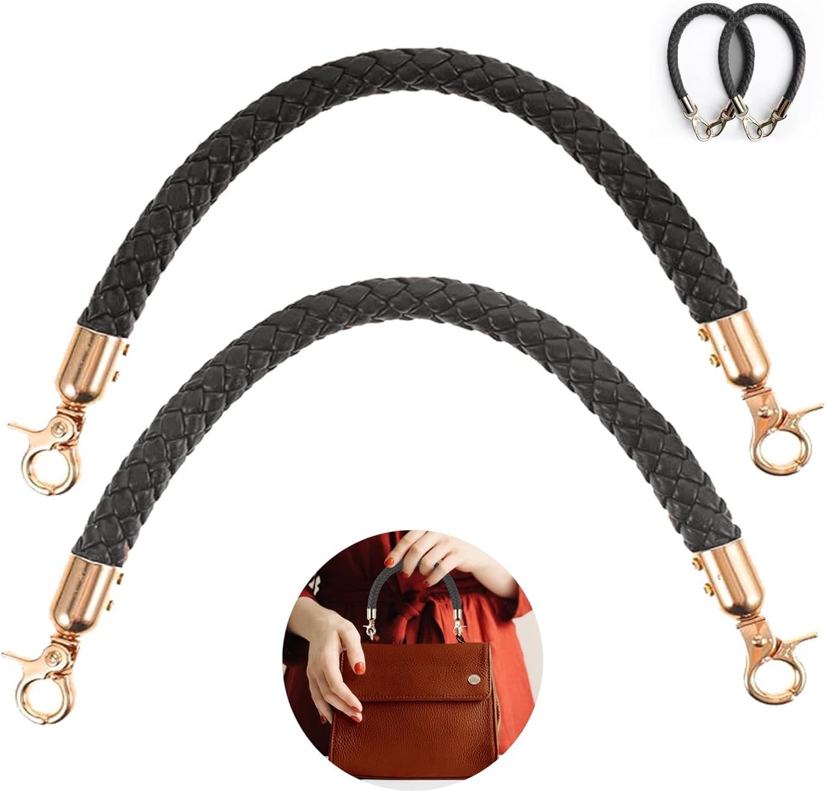 SnelShoppen - Handtas Vervanghandvatten, 2 Stuks Zwarte PU Leren Handvatten 40cm, Vervangende Handvatten voor Handtas Met Metaal Haken, DIY Accessoire