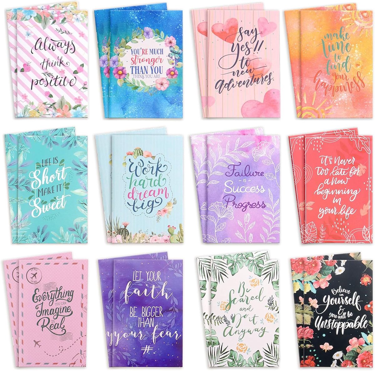 SnelShoppen - Pack van 24 Mini Notebooks 12.5 x 8 cm, Kleine Notitieboekjes met Inspirerende Zegswijzen, Handige Notitieblokken voor Kantoor, School e