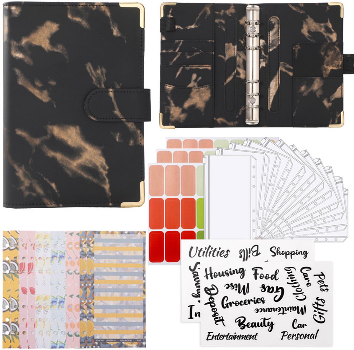 VHV-Notities - Marmer Zwart - Stijlvolle en Complete A6 Budget Planner met Ritsvak, 12 Bloemen Budgetkaarten, 21 Etiketten en Engelse Stickers voor Financiële Planning - Marmer Zwart