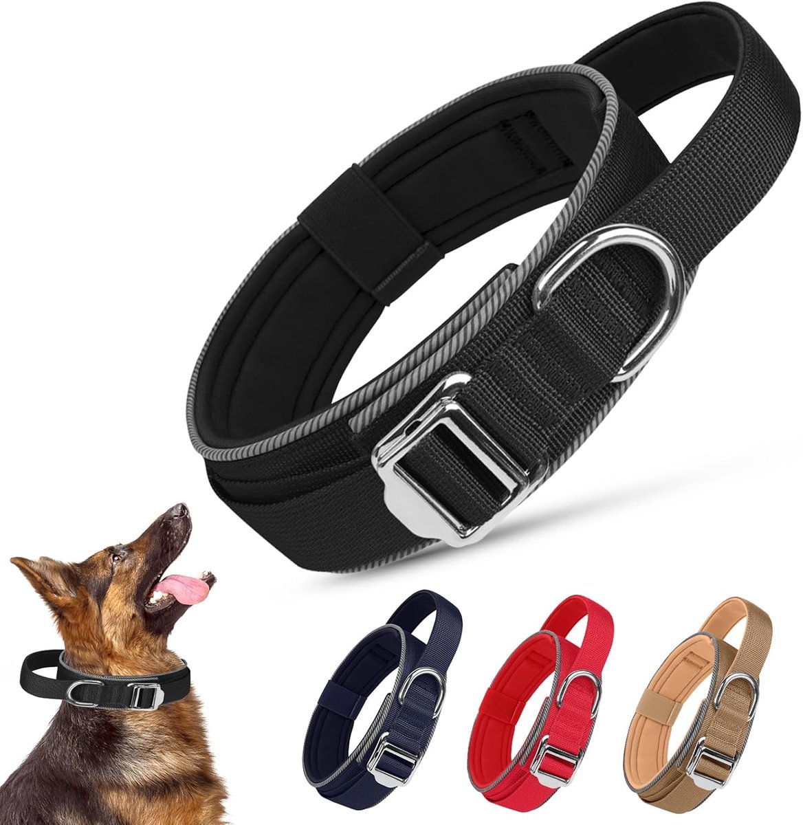 SnelShoppen - Tactical Hondenhalsband, Zacht Gevoerde Comfortabele Hondenhalsband, Reflecterend, Verstelbaar met Draagbare Metalen Gesp, Nylon, Duurza