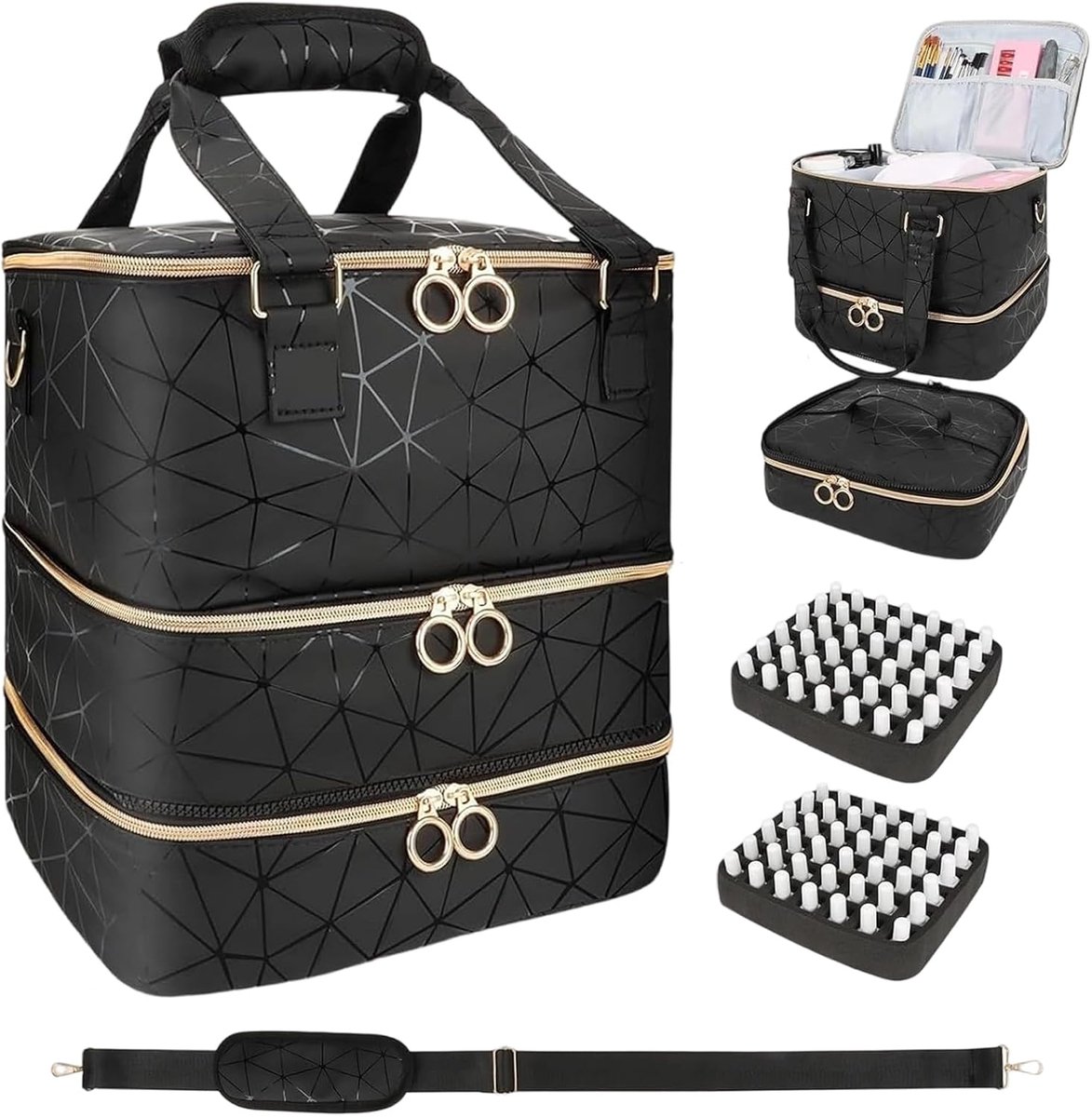 SnelShoppen - Draagbare nagellaktas met schouderriem, 3-laags nagellak organizer voor 84 flessen & nagellamp, PU-leer, zwart, ideaal voor salon & reiz