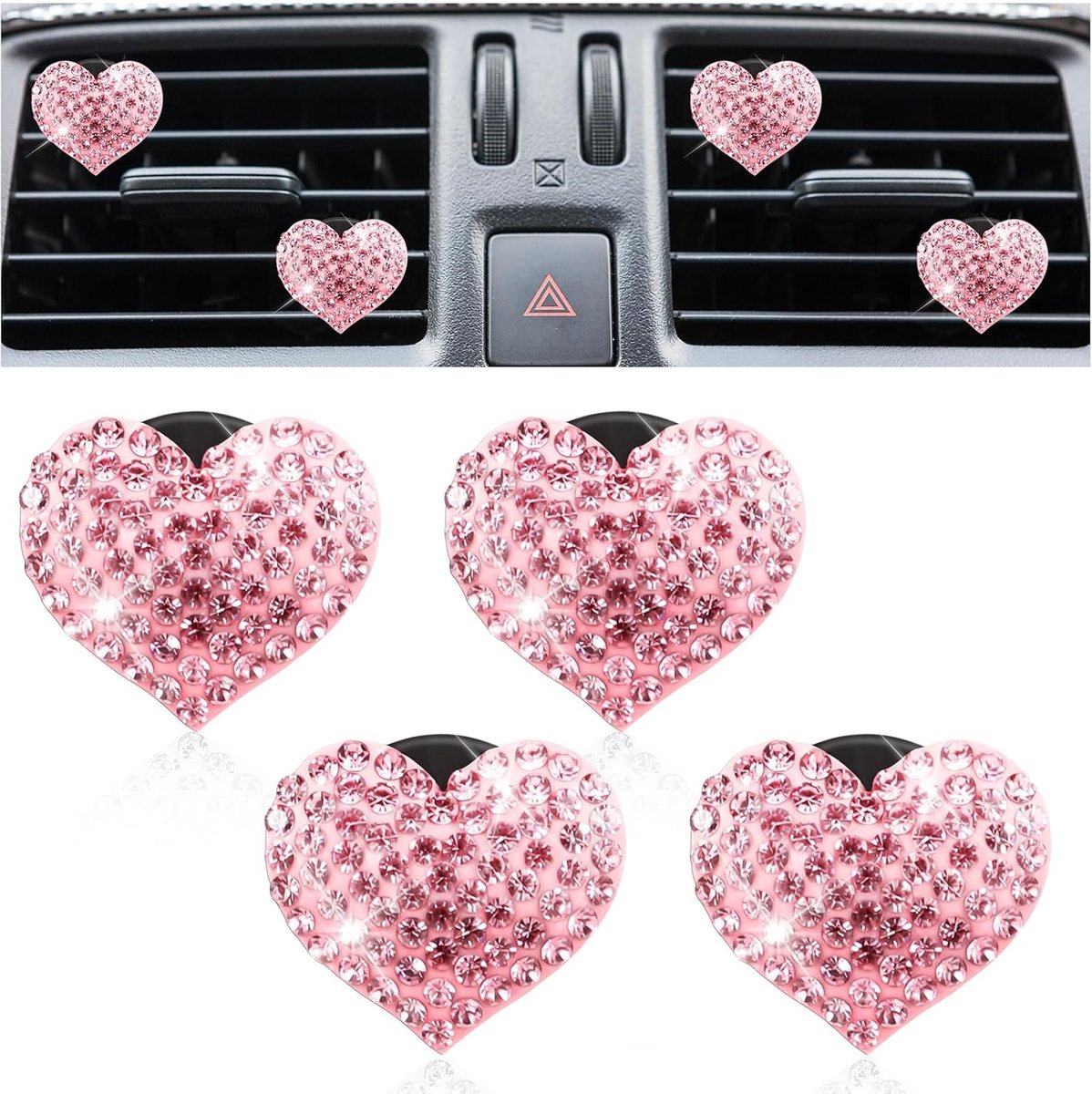 SnelShoppen - 4x Bling Heart Ventilatie Clips voor Auto, Crystal Hart Luchtverfrisser, Diamant Rhinestone Interieur Accessoires voor Vrouwen en Meisje