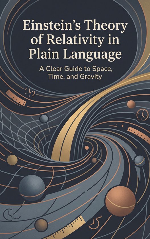 Boekomslag: Einstein's Theory of Relativity in Plain Language. Een duidelijke gids voor ruimte, tijd en zwaartekracht. Donkerblauwe achtergrond met een draaikolk van goud en grijs.