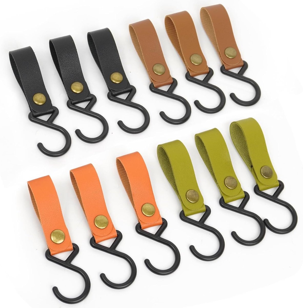 SnelShoppen - 12 Stuks S Haak Haken met Leren Lus Multi-Functionele S Vormige Leren Camping Haken voor Kinderwagen, Tassen, Keuken en Badkamer - Bruin