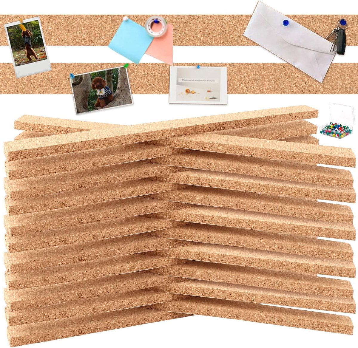 Pack of 24 Small Bulletin Board Strips Cork Board 36 x 2.5 cm Felt Pin Board Self-Adhesive with 60 Pins 1 mm Thick - ShopVlot