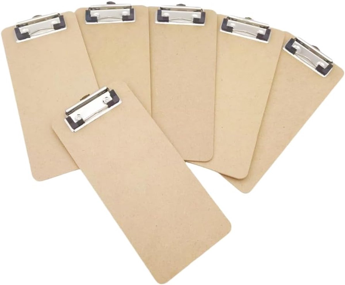SnelShoppen - 6 Stuks Houten Clipboard Clip Set met Penhouder, 4x9 cm Landkaart Clipboard, Ideaal voor School en Thuis Kantoorbenodigdheden (Bruin)