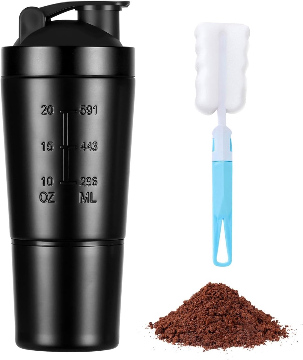 SnelShoppen - RVS Protein Shaker 700 + 200 ml met Poeder Compartment, Ball Mixer, BPA Vrij, Duurzaam en Makkelijk te Reinigen voor Eiwitshakes en Fitn