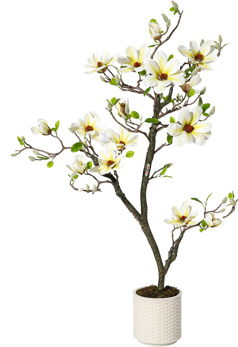 120cm Kunstmagnoliaboom – kunstplant met levensechte bloemen, heldere bladeren, aanpasbare kleine takken, decoratief mos en witte pot – decoratie voor binnen en buiten