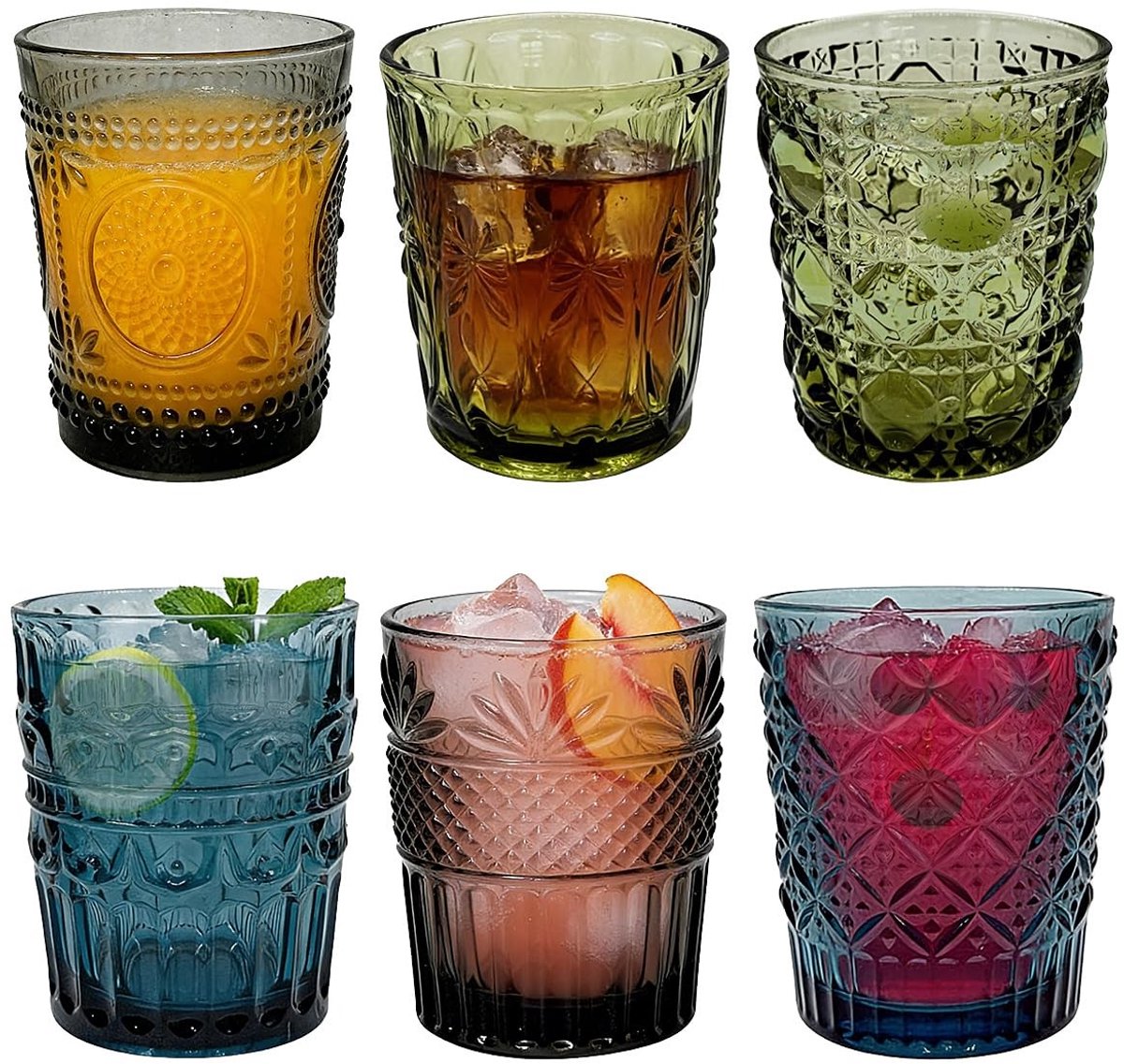 Omgoods - Set van 6 Kleurige Vintage Drinkglazen 320ml