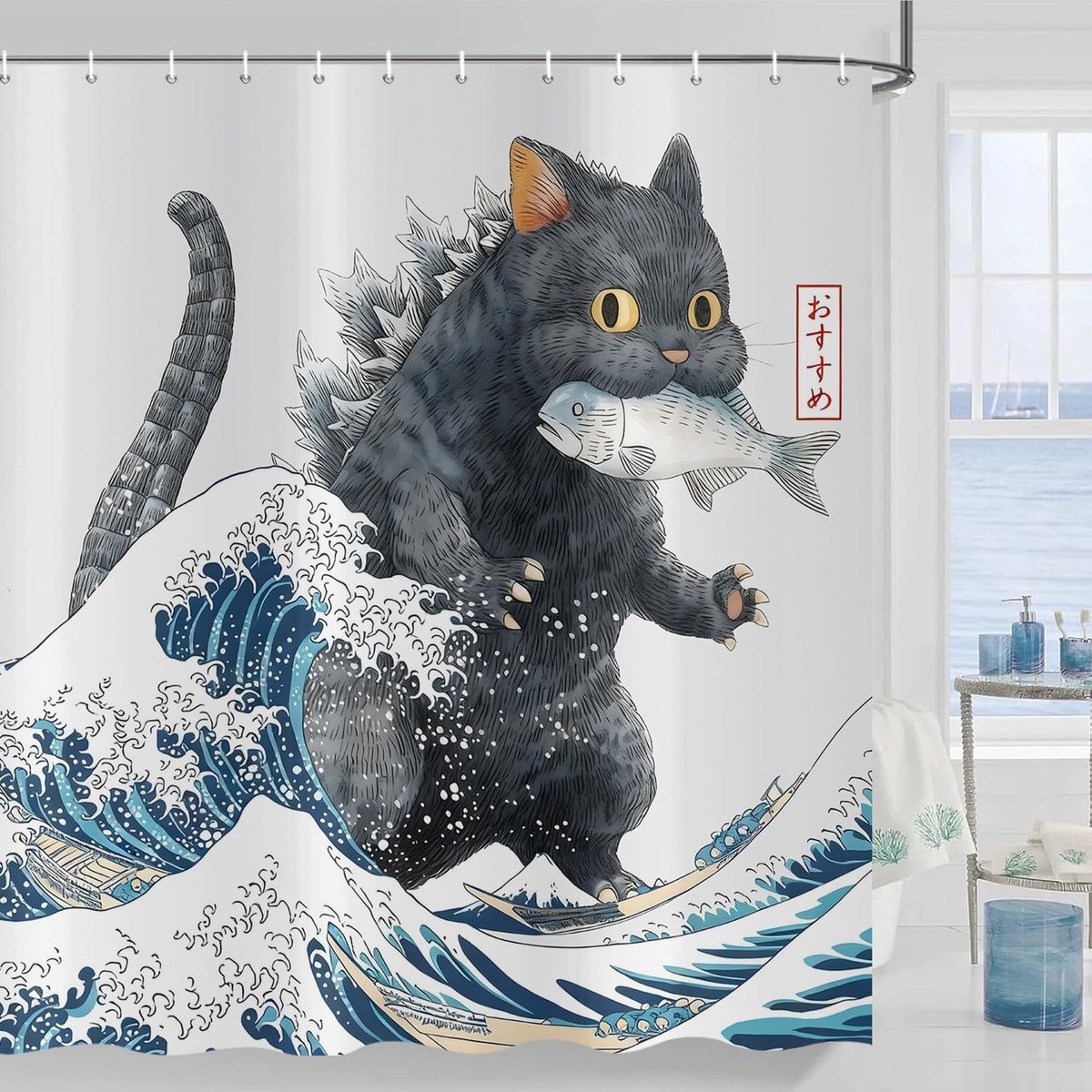 Omgoods - Douchegordijn met Japanse Kat - 180x200cm Waterproof en Wasbaar