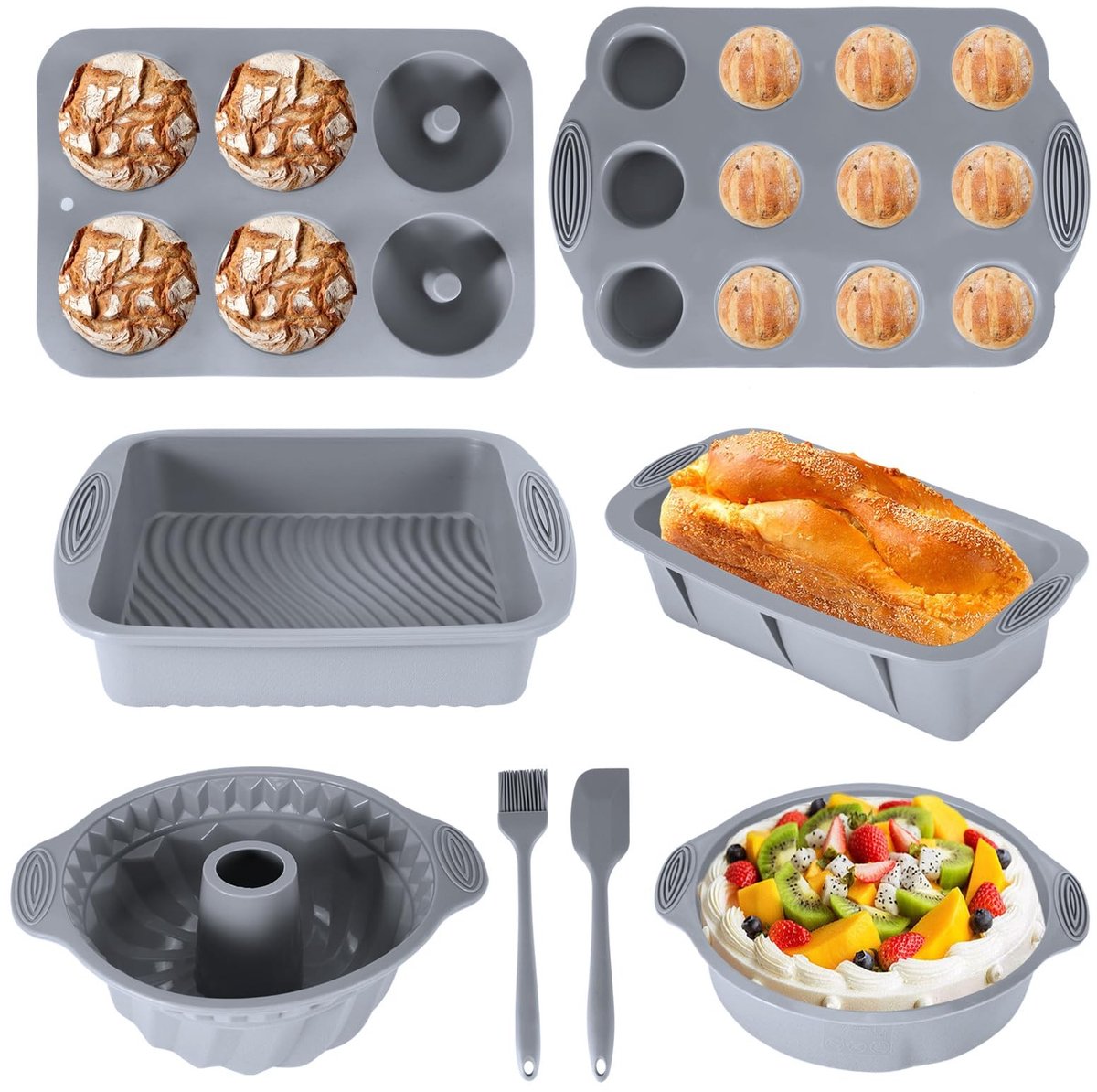 Omgoods - 8-delige Siliconen Bakvorm Set - Inclusief Diverse Mallen en Bakaccessoires