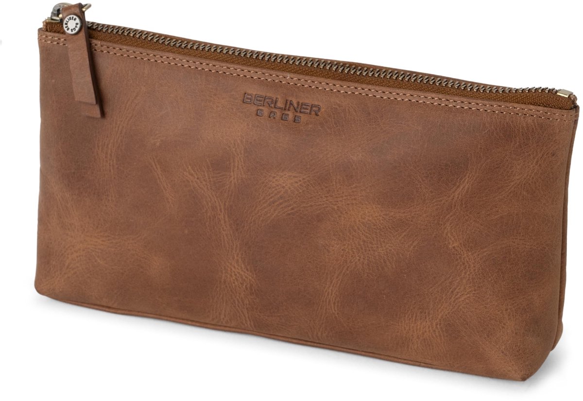 Omgoods - Vintage Echt Lederen Make-up Tas voor Vrouwen - Bruin