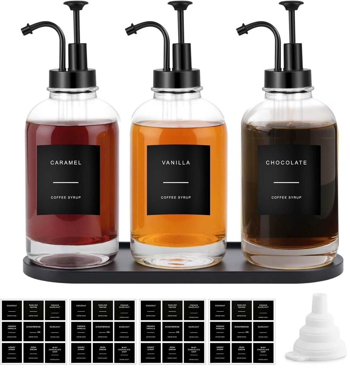 Omgoods - Set van 3 Glazen Siropen Dispensers met Labels en Tray