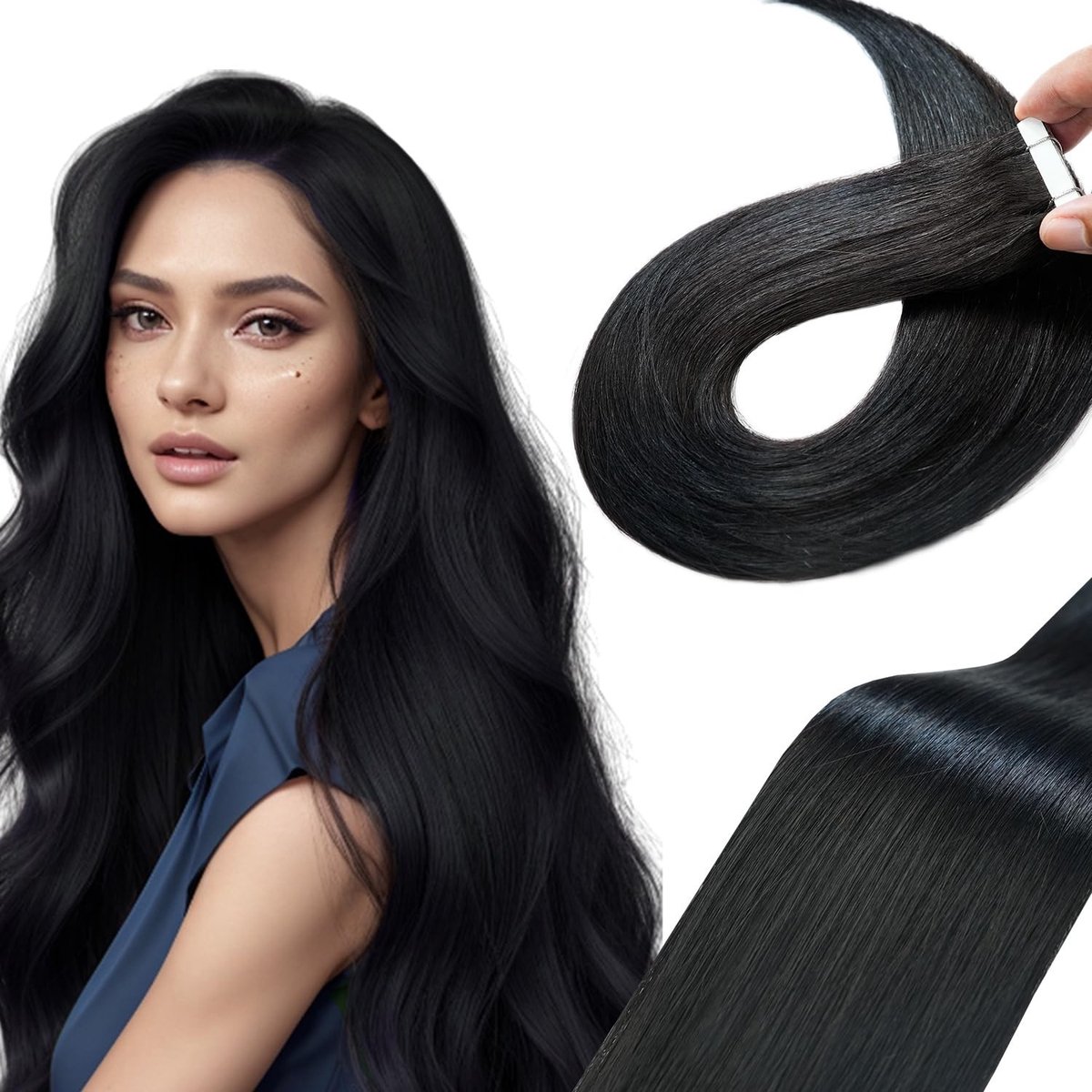 Omgoods - Tape Extensions met Echt Haar - Onzichtbare Tape-in Extensions - 14 Inch, Diep Zwart