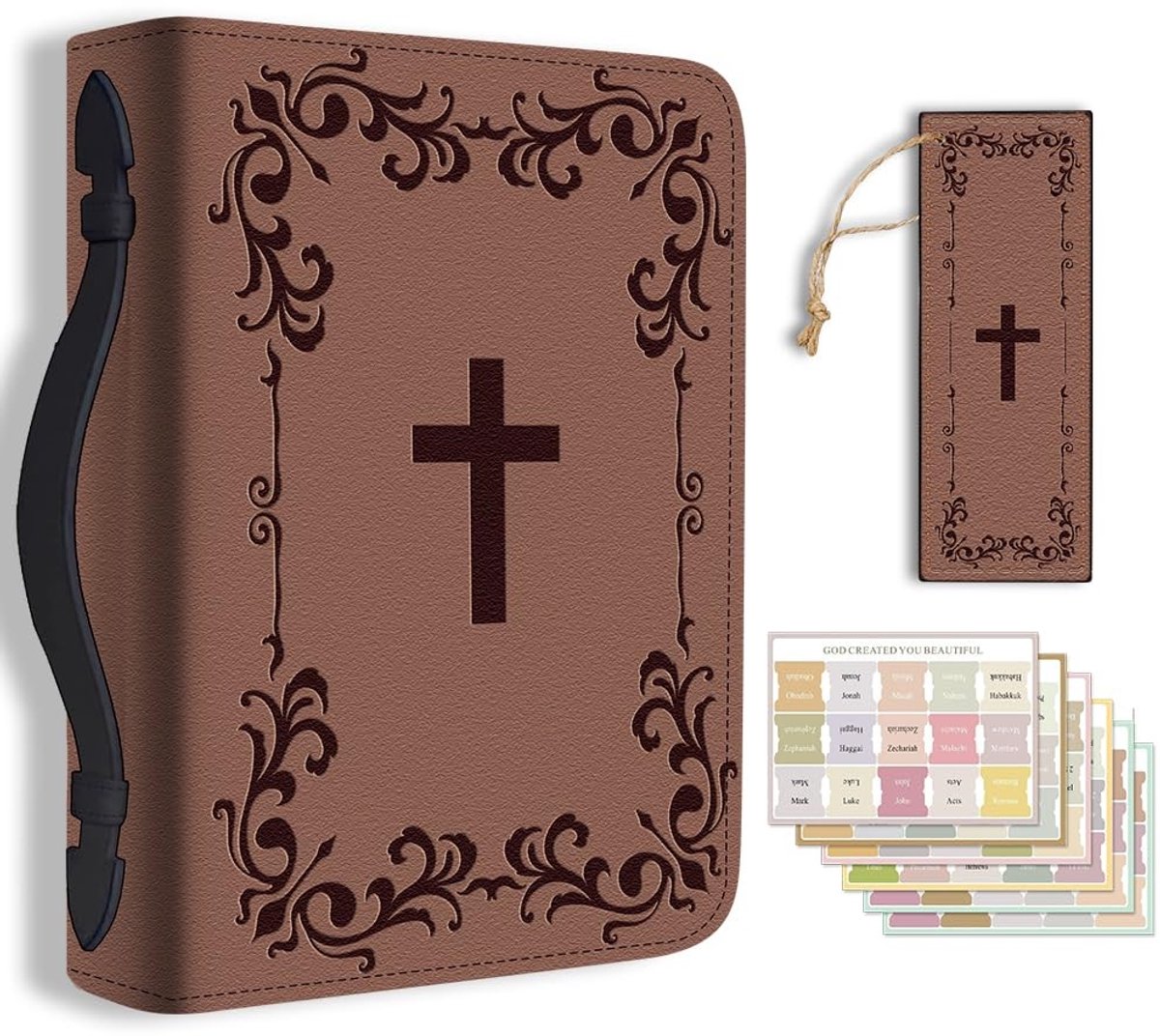 Omgoods- Bijbelhoes Groot - PU-leer - Bladwijzer - Bruin Kruis/Damastprint - Draagtas voor Dames/Heren - 20,3 x 28,5 x 5,9 cm - Bijbeldraagtas