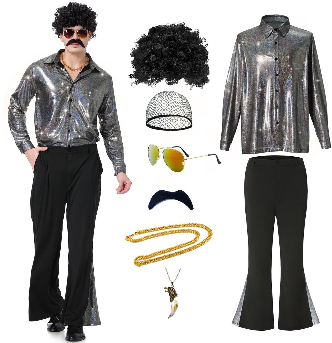 Omgoods - 70s Disco Kostuum met Shirt, Broek en Accessoires
