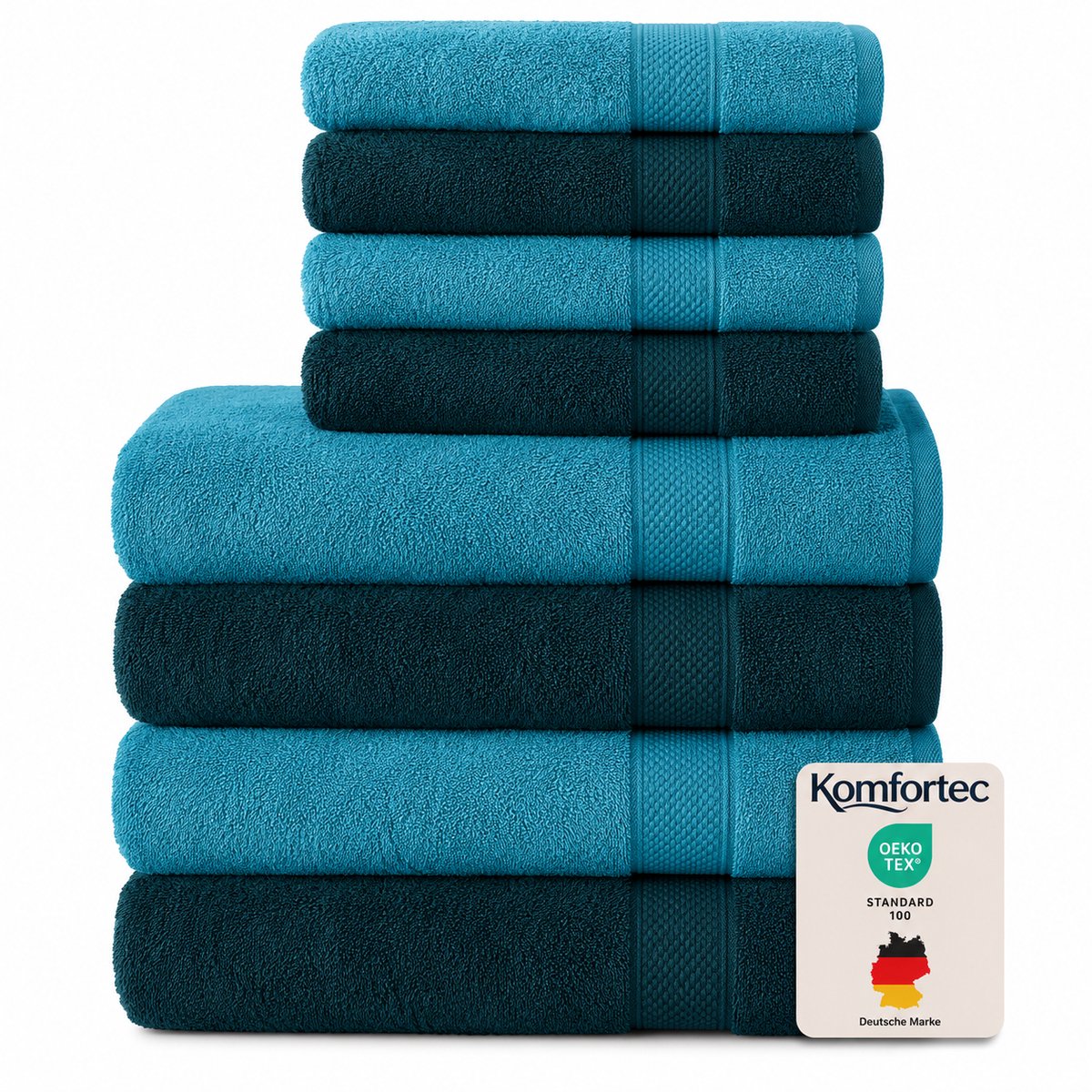 Komfortec Handdoekenset – Set van 8 - 4x Handdoek 50x100 cm en 4x Badhanddoek 70x140 cm - 100% Katoen - Petroleumblauw&Turquoise