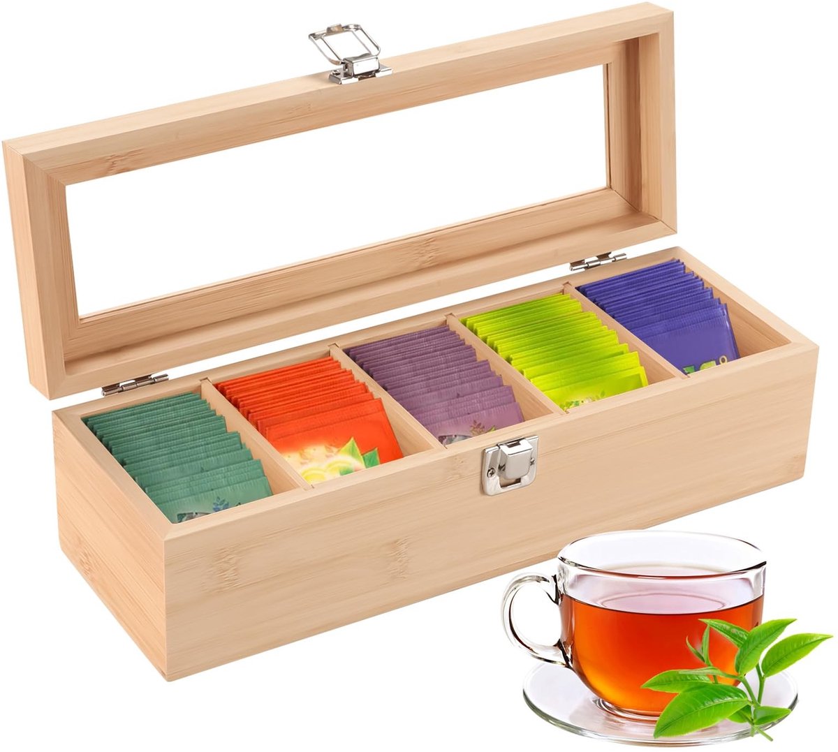 Omgoods- Theedoos 5 vaks - Houten Theedoos - Opbergdoos voor Losse Thee - Kijkvenster - Duurzaam - 9 x 30 x 10 cm - Theekist