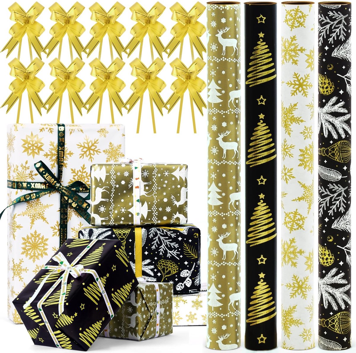 Omgoods - Set van 4 Kerst Cadeau Inpakpapier met Ribbons