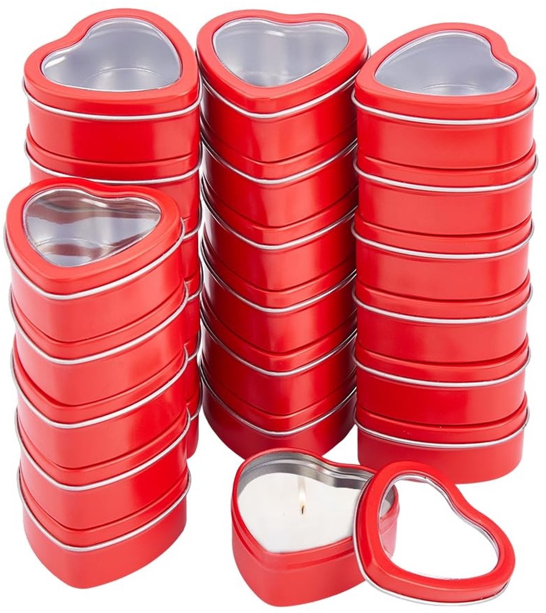 Omgoods- Blikjes Hartvormig 50 ml - Metalen Dozen met Deksel - 32 Stuks - Voor Kaarsen/Snoep/Geschenken - Rood - Transparant Venster - Opbergdoos