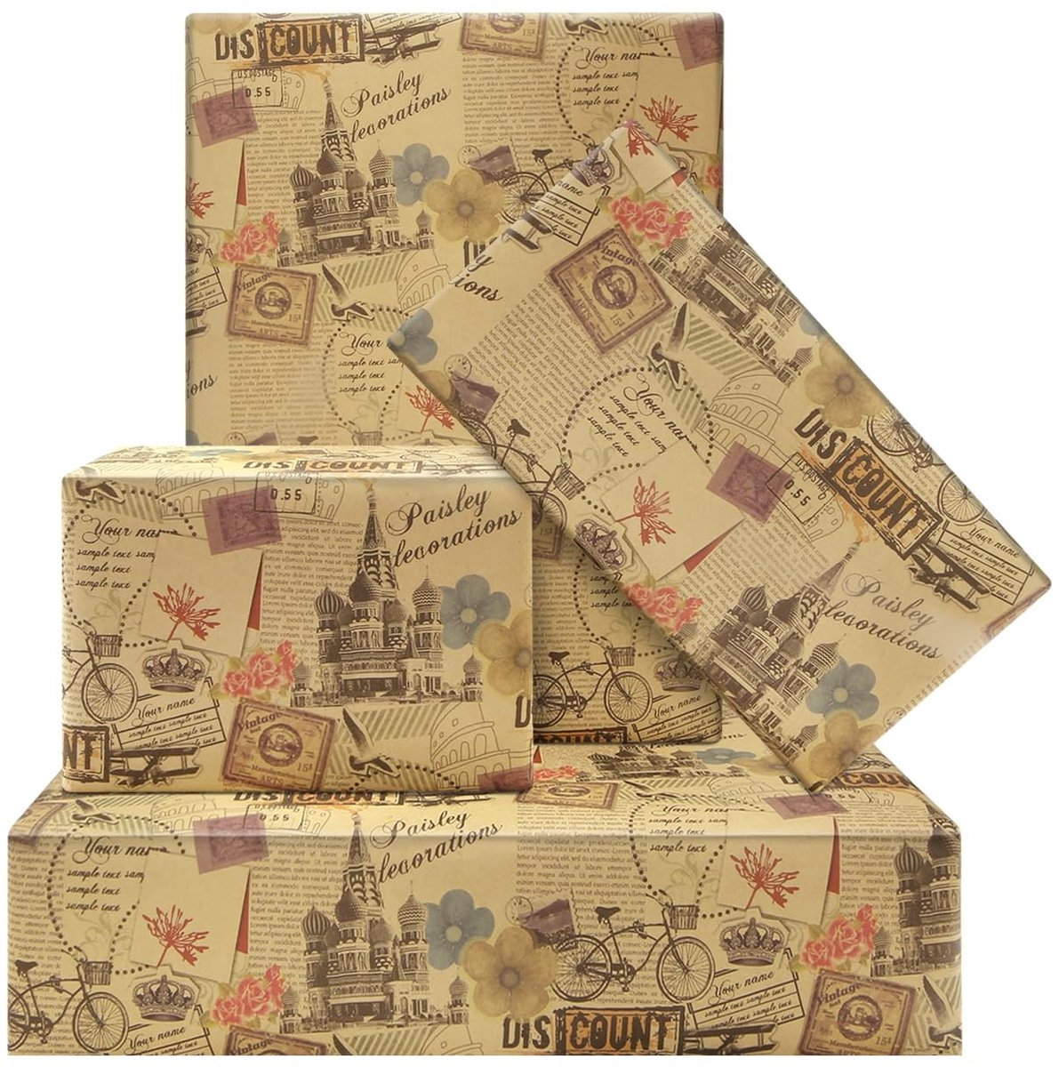 Omgoods- Inpakpapier Vintage Ontwerp - 4 Vellen Kraftpapier - 50x70cm - Cadeaupapier Verjaardag - Geschenken - Decoratie - Plat Vouwbaar