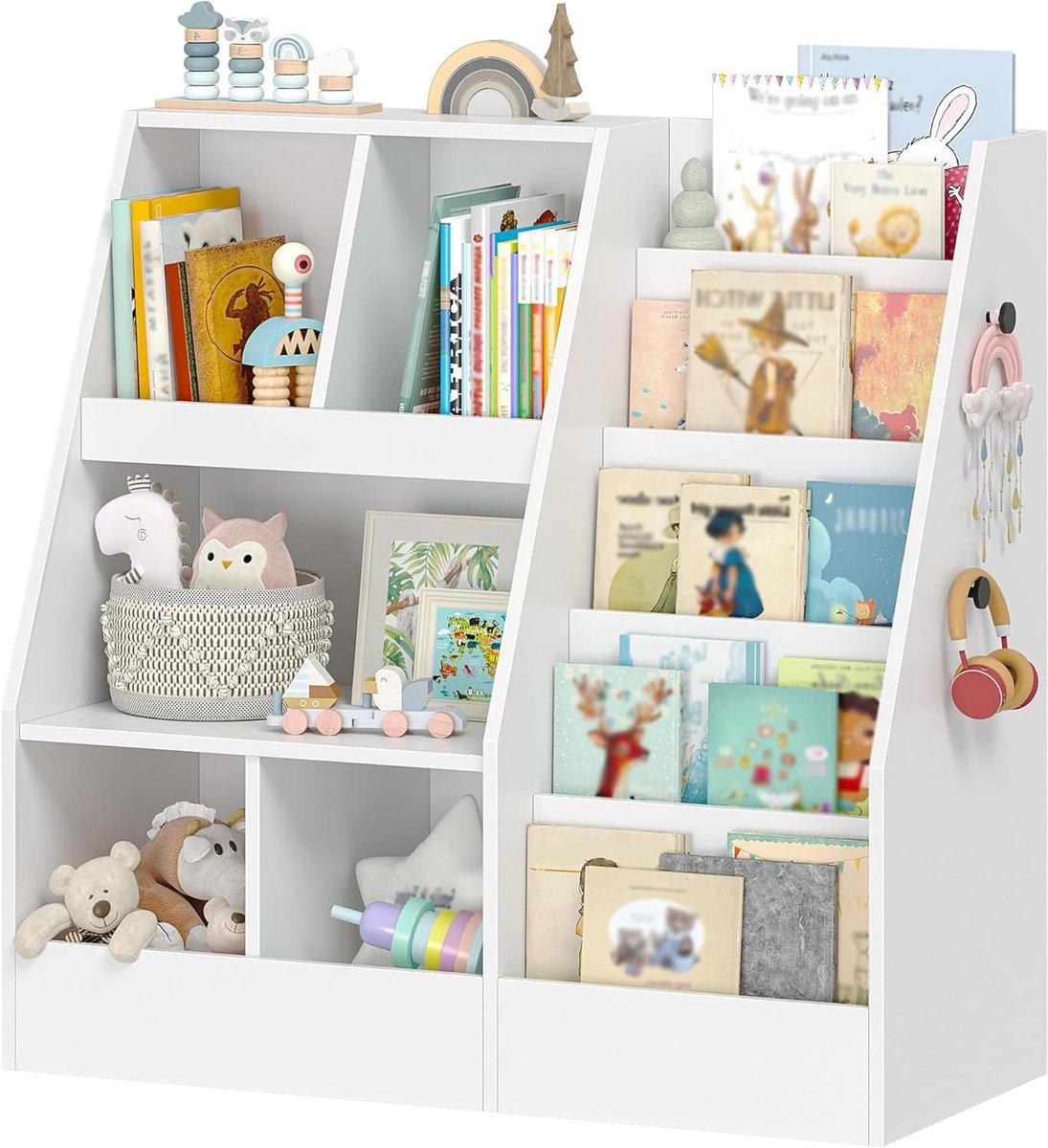 Kinderrek met Opbergvakken - Speelgoedrek Boekenkast - Kinderspullen Opbergen - Zichtbare Boekomslagen - 40 x 90 x 90 cm - Wit