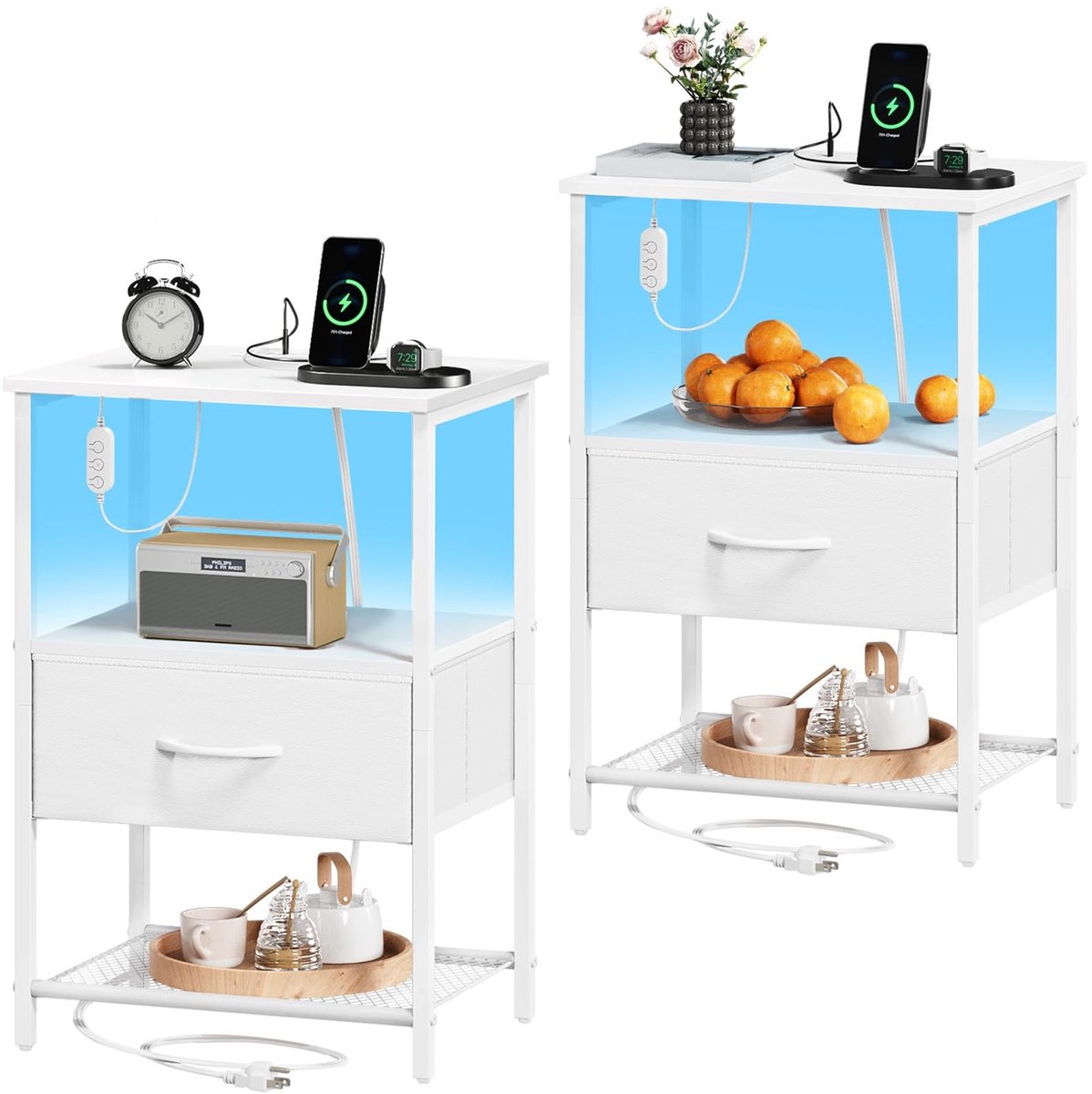 Omgoods - Bedside Table met Stoffen Lades en Oplaadpunten