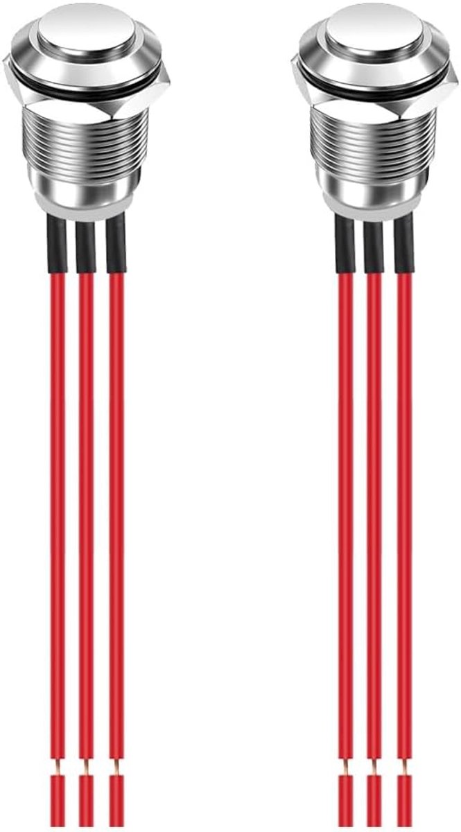 2 Stuks Voorgemonteerde 12mm Waterdichte Metalen Drukknop met Vergrendeling, 3-pins NO/NC-drukknop, aan/uit, 1A, 12V/24V/125V/250V AC (Hoge Druk)