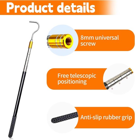Telescopische Stang met Haken, RVS Luifelstang, Bootshaken met Rubber Handvat, Multifunctionele Stang voor Luifel, Boot en Tent Opener, Ideaal voor Buitenactiviteiten — afbeelding 2