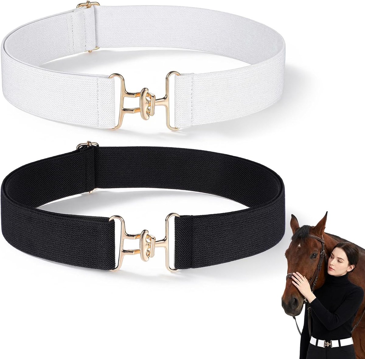 2-delige 3,8 cm elastische paardenrijgordel, uitrekbare taillegordel met gesp, paardenbitgordel voor paardrijden en sport