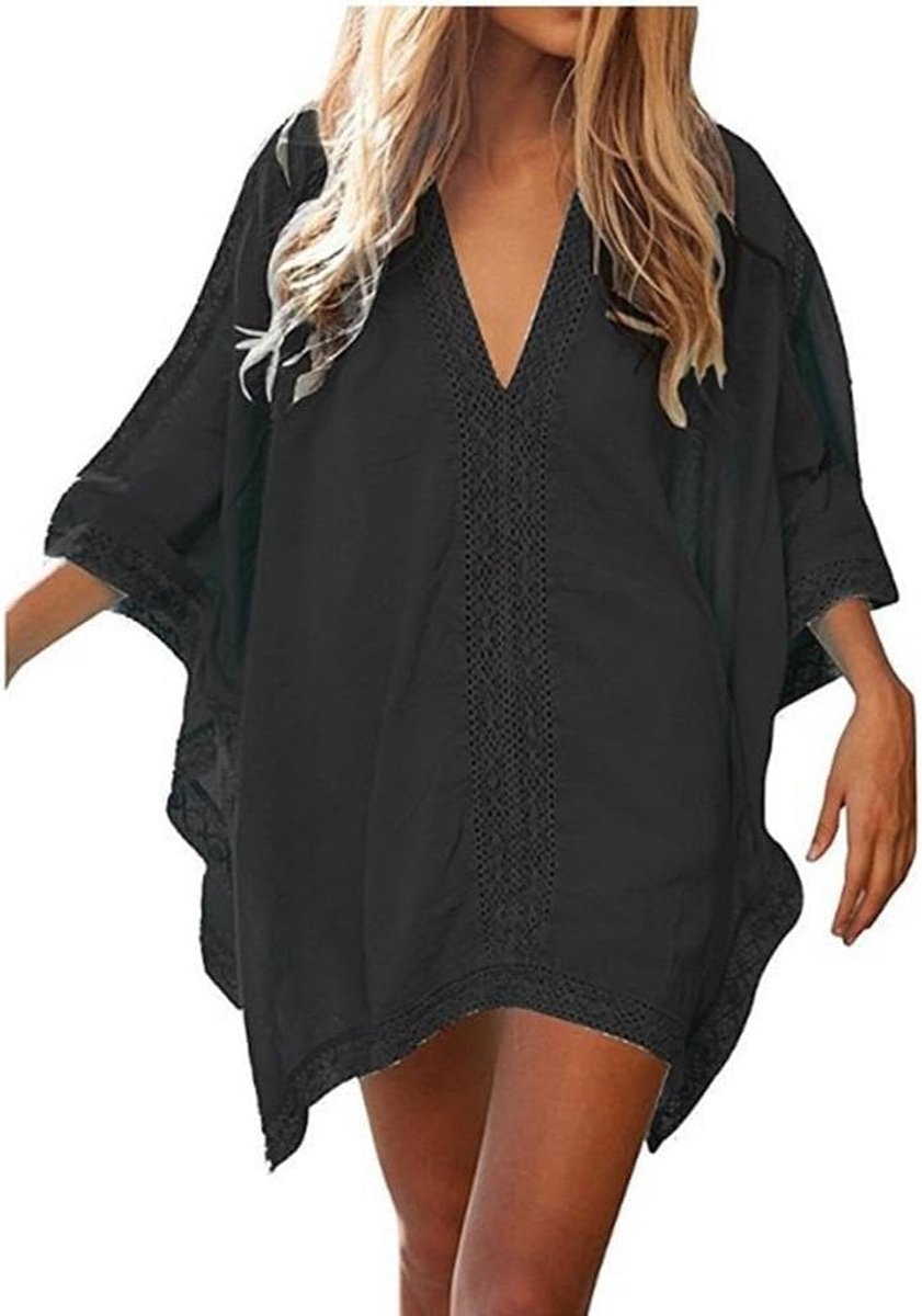 Strandjurken strandponcho strand bedekking badpak bikini cover up dames strandjurk bikini cover up print zomer strandponcho badmode strand, zwart (1), Eén maat