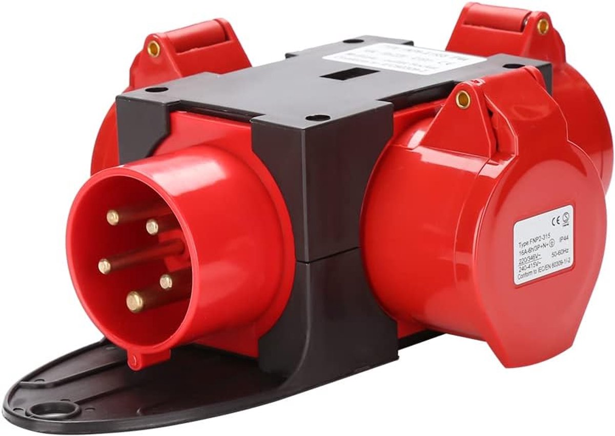 Adapter stroomverdeler 3 x CEE 400V/16A 5-polig CEE-stopcontact IP44 spatwaterdicht met veiligheidssluitingen voor bouwplaats
