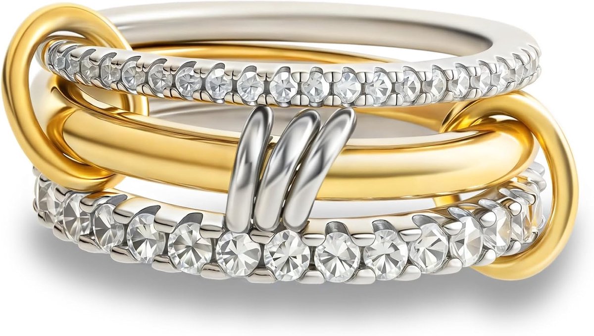 Ringen voor dames, 18k vergulde kubische zirkonia, zilvergoud, multi ring, gemengde metalen stack ringenset, Valentijnsdag, verjaardag, moederdagcadeau