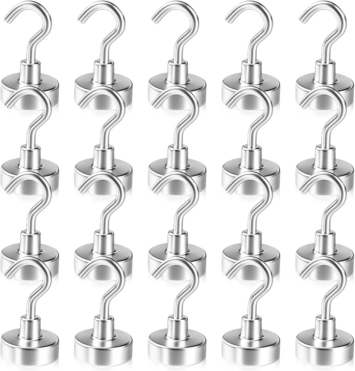 Magneethaken, extra sterk, 20 stuks, 20 mm, 15 kg, magnetische sterke neodymium magneten met haken, kleine magneethaken, magneethaken, magneethouder voor keuken, kantoor, camping, zilver
