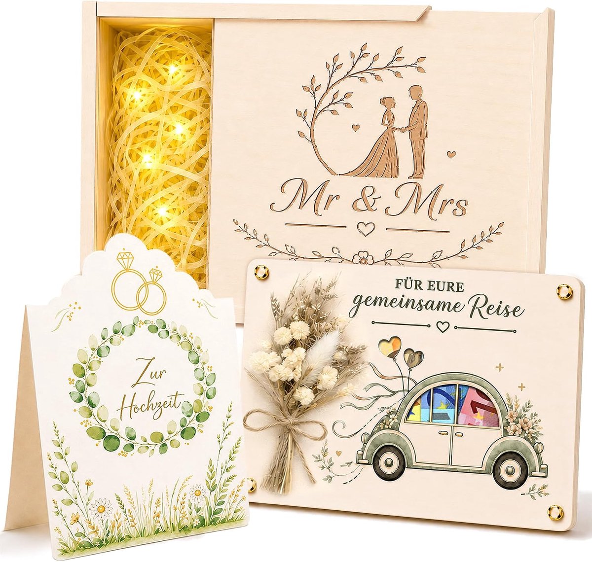 bruiloft hout, huwelijkscadeau voor bruidspaar met geschenkdoos, houten kaart, bruiloftskaart & gedroogde bloemen, geldgeschenken voor bruiloft, huwelijksreis