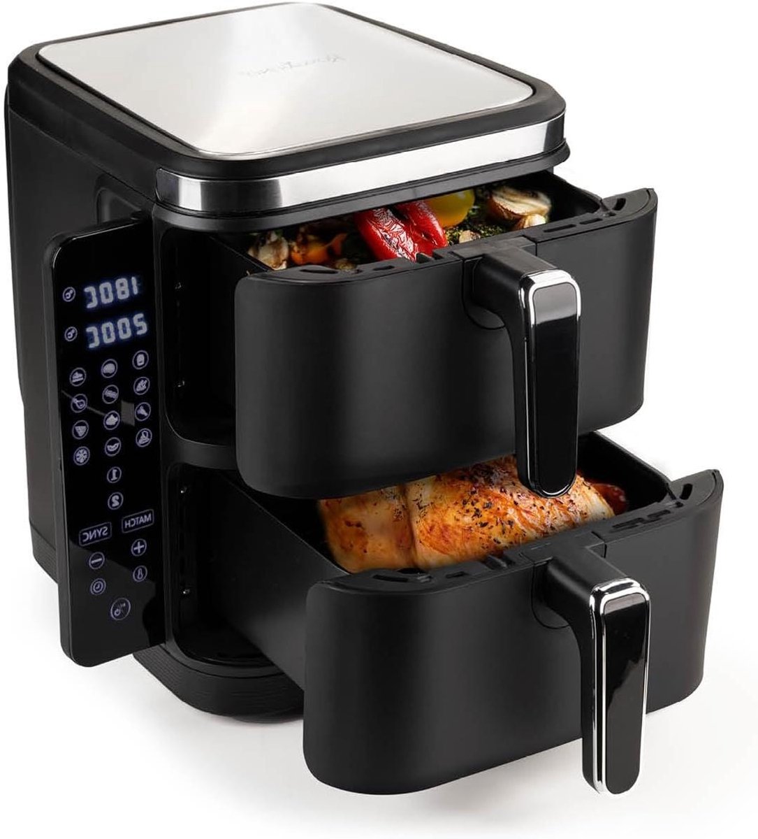 Heteluchtfriteuse Dubbele Kamer - Airfryer XXL Friteuse - Gezond Koken - Verticaal Ruimtebesparend Design - 104 Liter - Zwart
